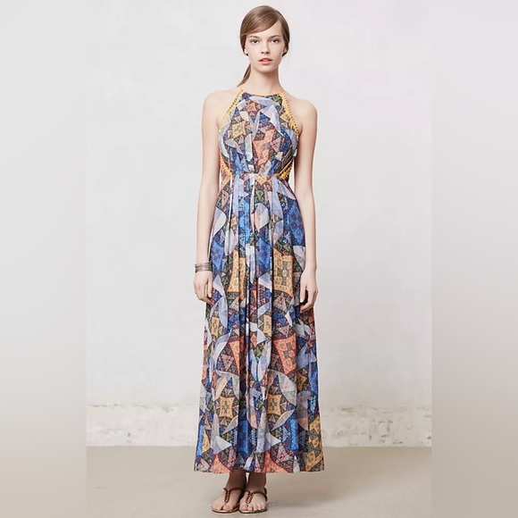 K1. Ranna Gill Condesa Maxi Dress Patchwork Blue Studded Summer Vacation Resort - Picture 3 of 10